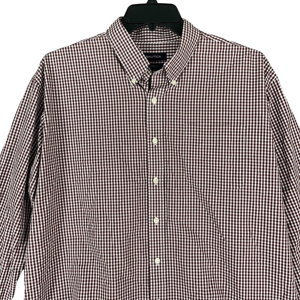 Nautica Dress Shirt Mens‎ 18 34/35 Purple Check Classic Fit Business Formal